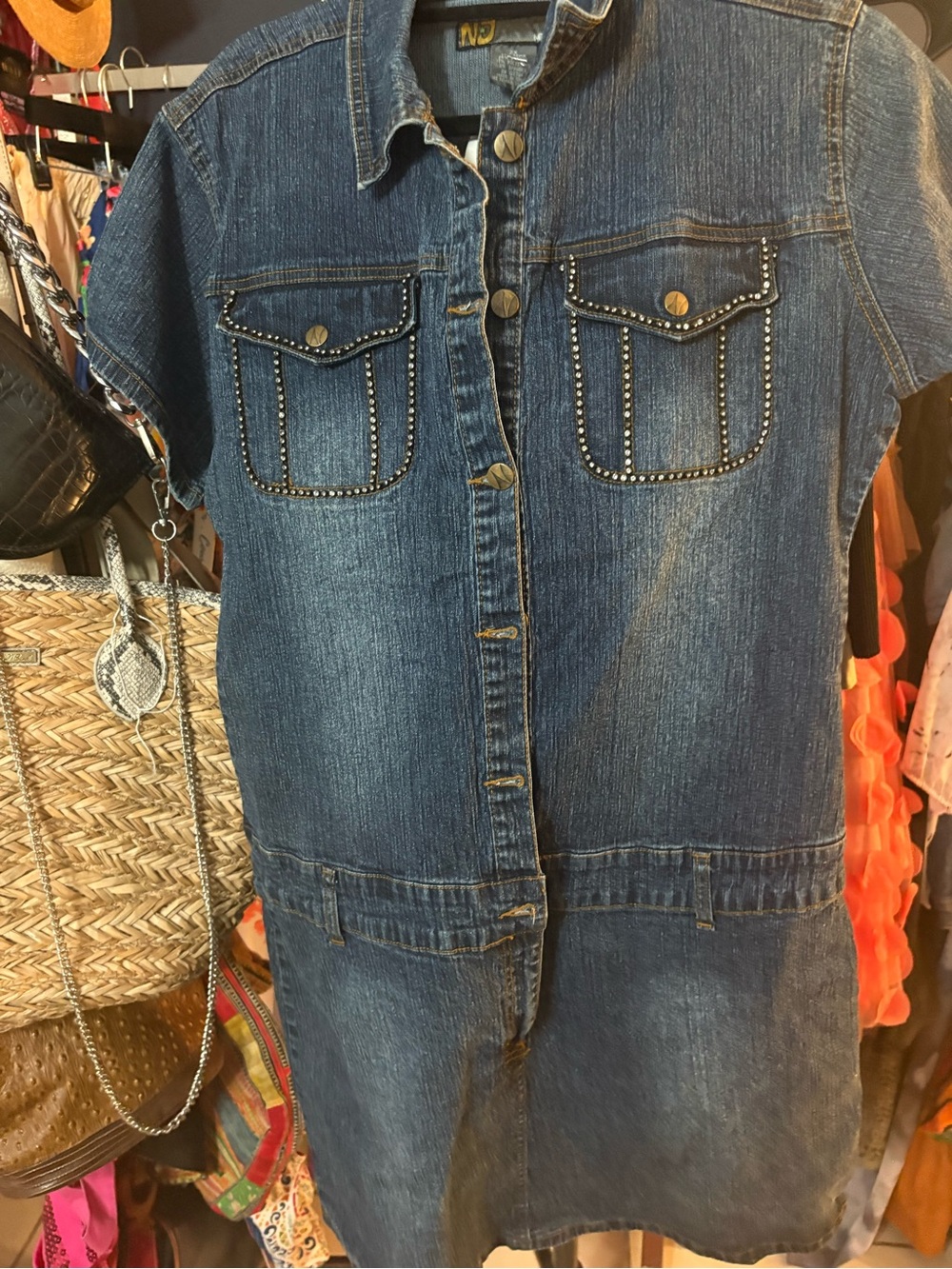 Blue Denim Short-Sleeve Dress with Studded Pockets. Size 2XL.